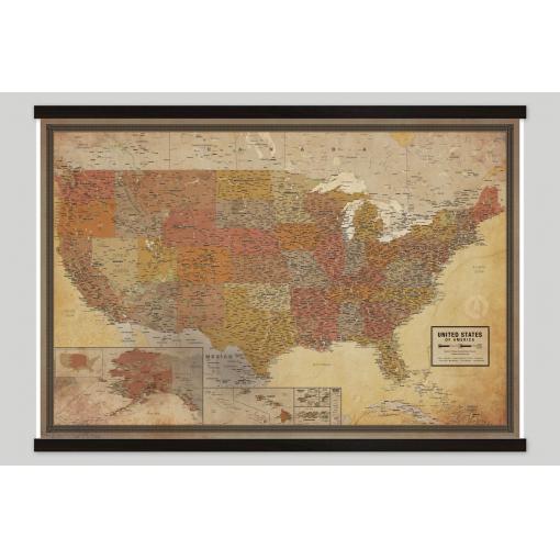 Detailed vintage-style United States wall map from The Map Shop, perfect for geography enthusiasts and office decor, featuring state boundaries, cities, and geographical details.