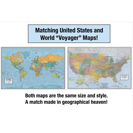 Detailed world and United States Voyager maps with geographical accuracy and colorful styles for educational and travel planning purposes.
