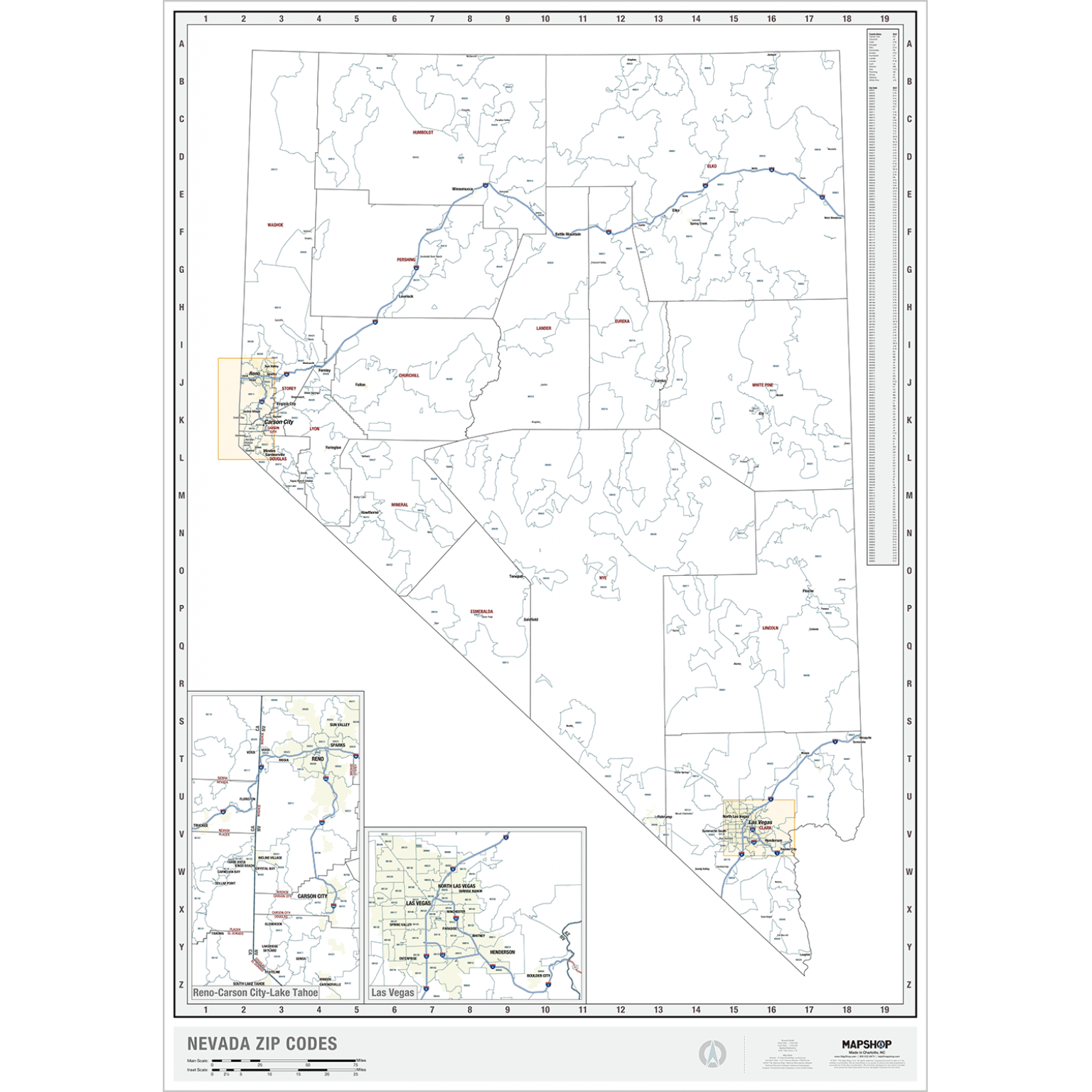 Nevada Zip Code Wall Map by MapShop
