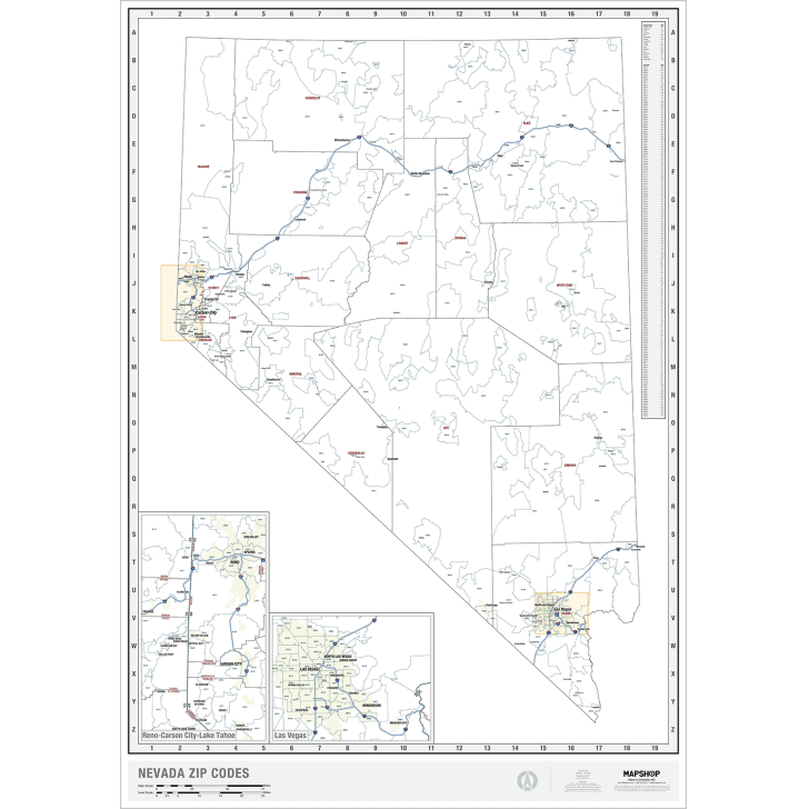 Detailed map of Nevada showing ZIP code areas, major cities, and geographic features with inset maps of Reno-Carson City-Lake Tahoe and Las Vegas regions for navigation.