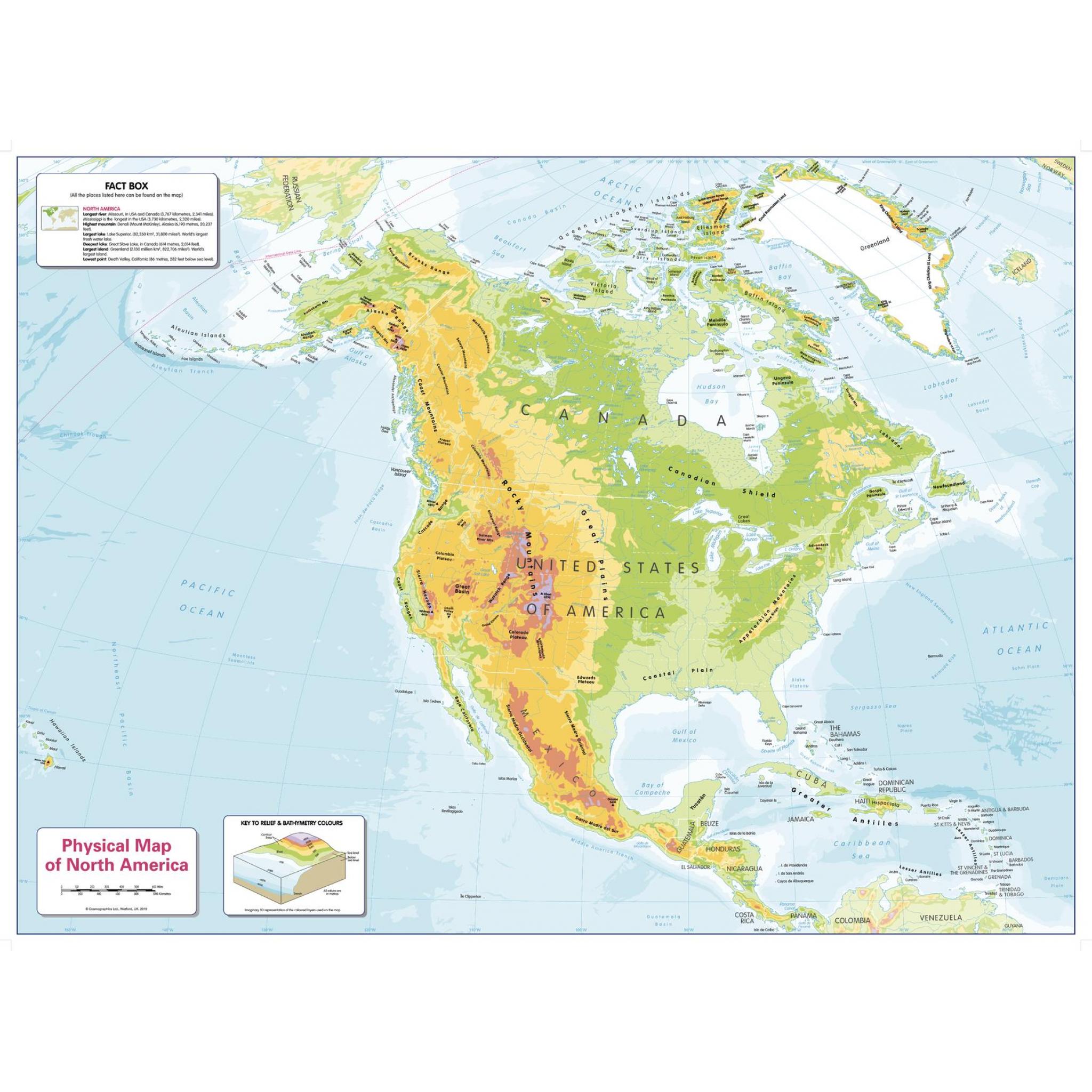 Color Blind Friendly Children's Physical Map of North America by Cosmographics