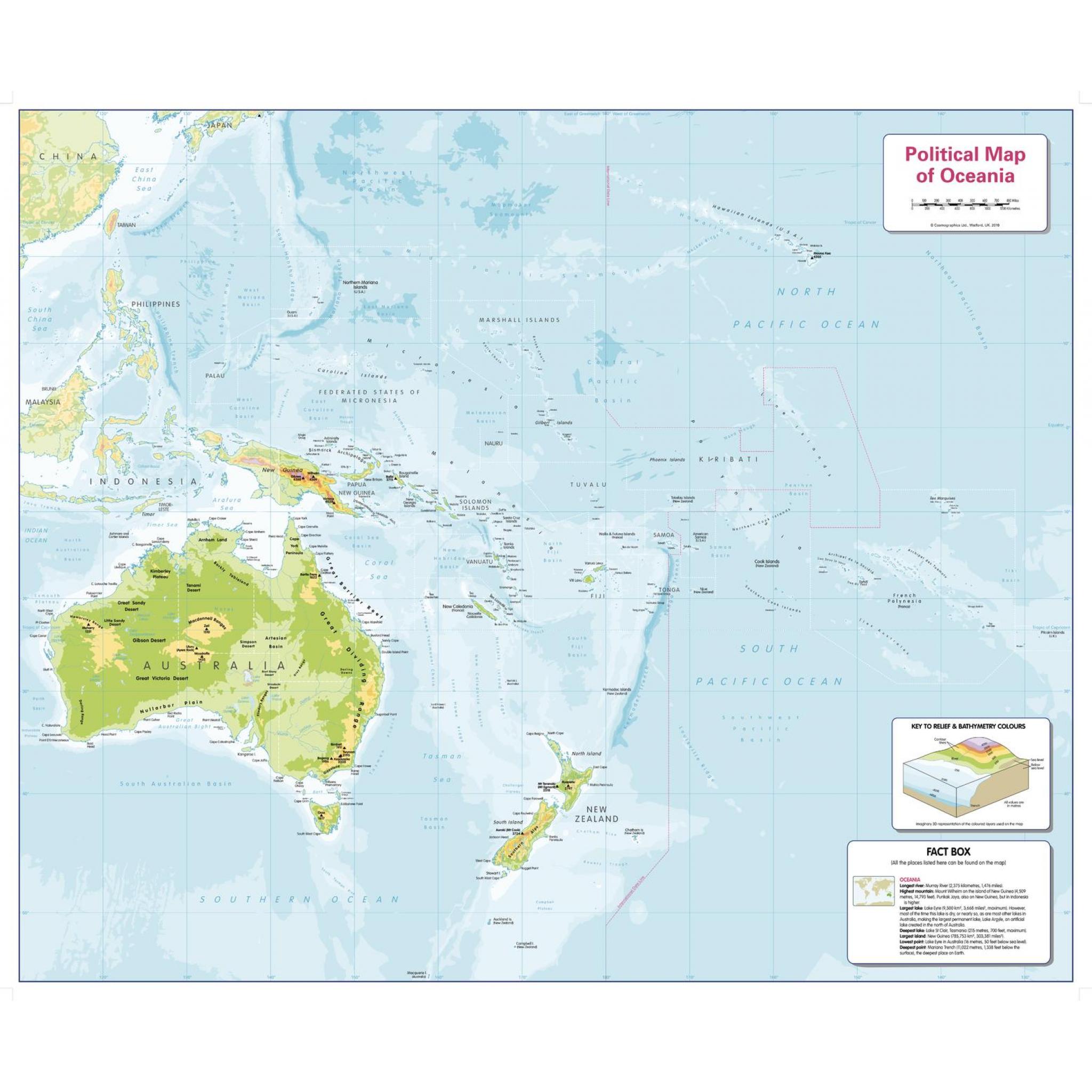 Color Blind Friendly Physical Map of Oceania by Cosmographics