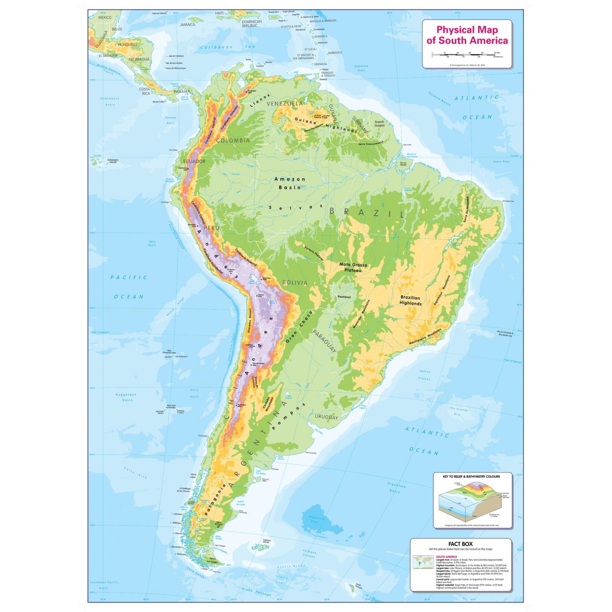 Color Blind Friendly Children's Physical Map of South America by Cosmographics