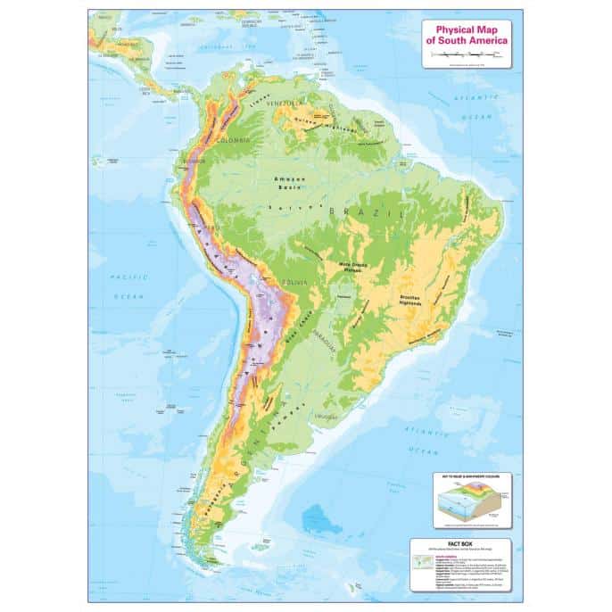 Colorful physical map of South America highlighting mountain ranges, river basins, and major geographic features for accurate navigation and regional exploration.