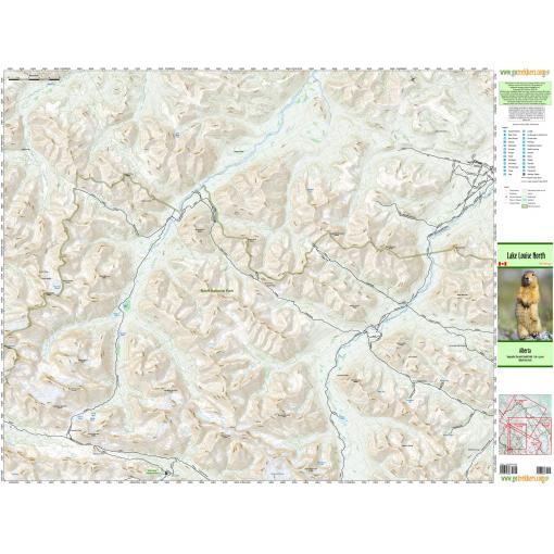 Detailed topographic map of Banff National Park in Alberta, featuring trails, lakes, elevation contours, and natural landmarks for outdoor navigation and exploration.