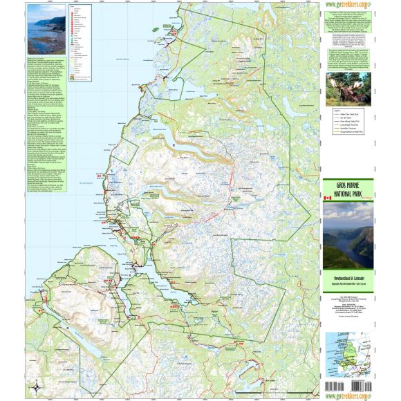 Detailed detailed map of Gros Morne National Park featuring hiking trails, camping sites, and scenic viewpoints, perfect for trip planning and outdoor adventures in Newfoundland & Labrador.