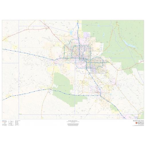 Detailed map of Maricopa County, Arizona highlighting highways, roads, and transportation routes from The Map Shop. Ideal for travelers, outdoor enthusiasts, and geographic clarity.