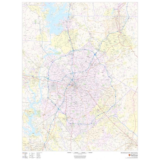High-resolution map of Mecklenburg County, North Carolina with detailed roads, highways, and geographic features for accurate navigation and urban planning.