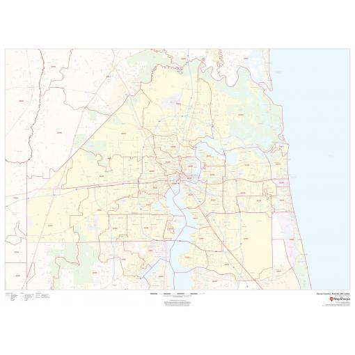 Detailed map of Duval County, Florida with city boundaries, roads, water bodies, and ZIP code boundaries, highlighting the comprehensive mapping services offered by The Map Shop for accurate navigation and geographic information.