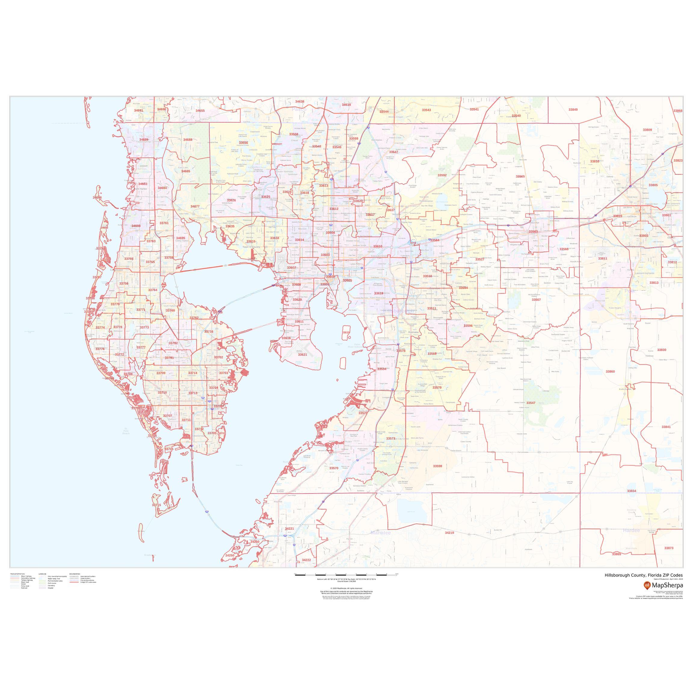 Hillsborough County, Florida - Zip Codes by Map Sherpa - The Map Shop