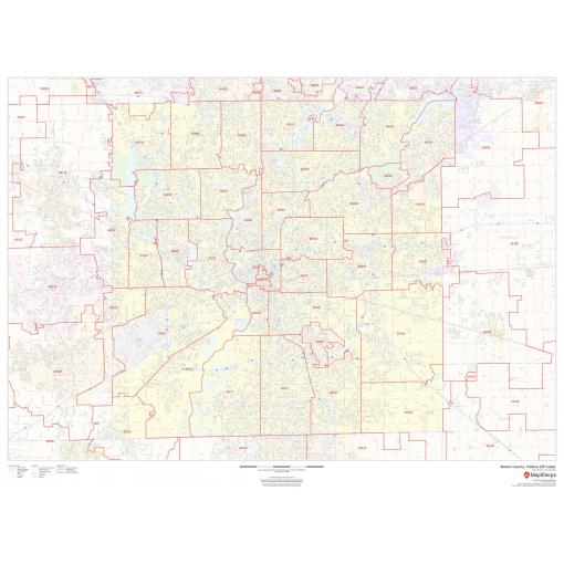 Detailed map of Marion County, Indiana with ZIP code boundaries, roads, waterways, and geographic features from The Map Shop. Perfect for navigation, planning, and geographic analysis.