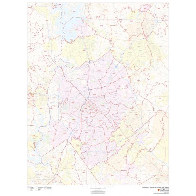 Map of Mecklenburg County, North Carolina with ZIP code boundaries, highways, and streets for detailed navigation.