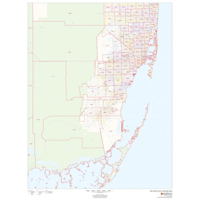 Detailed map of Miami-Dade County, Florida, highlighting ZIP code areas and city boundaries, ideal for geographic analysis and navigation.