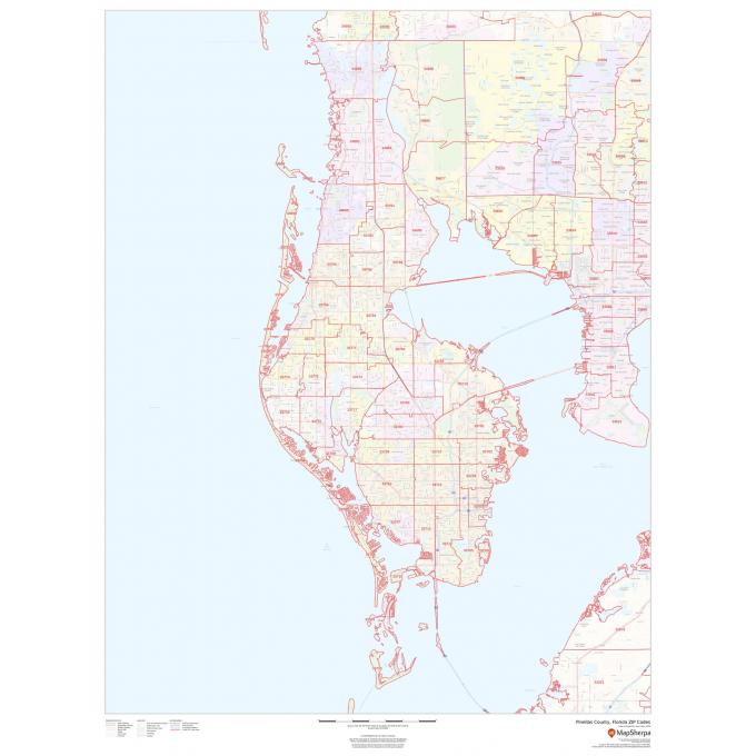 Map of Pinellas County, Florida with detailed ZIP code boundaries and street layouts, ideal for navigation, travel planning, and geographic reference. The Map Shop offers high-quality maps and geographic data.