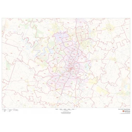 Detailed Travis County ZIP code map from The Map Shop, showcasing accurate boundaries and postal zones for navigation, mailing, and geographic reference.