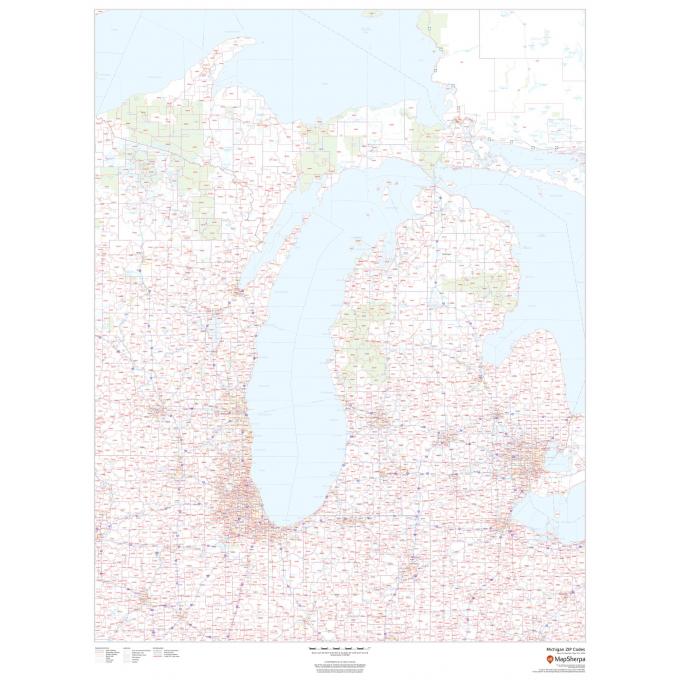 Detailed Michigan ZIP code map with state boundaries for accurate navigation and postal services.