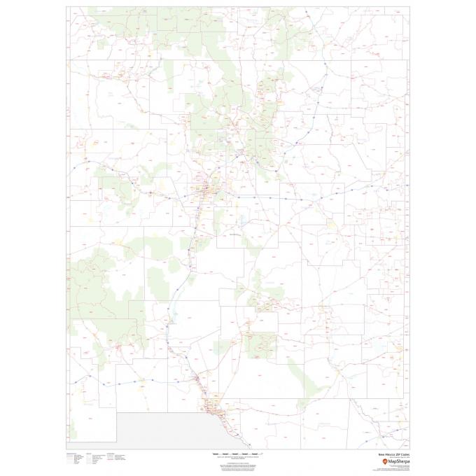 Map of New Mexico with ZIP code boundaries and transportation routes, provided by The Map Shop for detailed geographic and mapping needs.