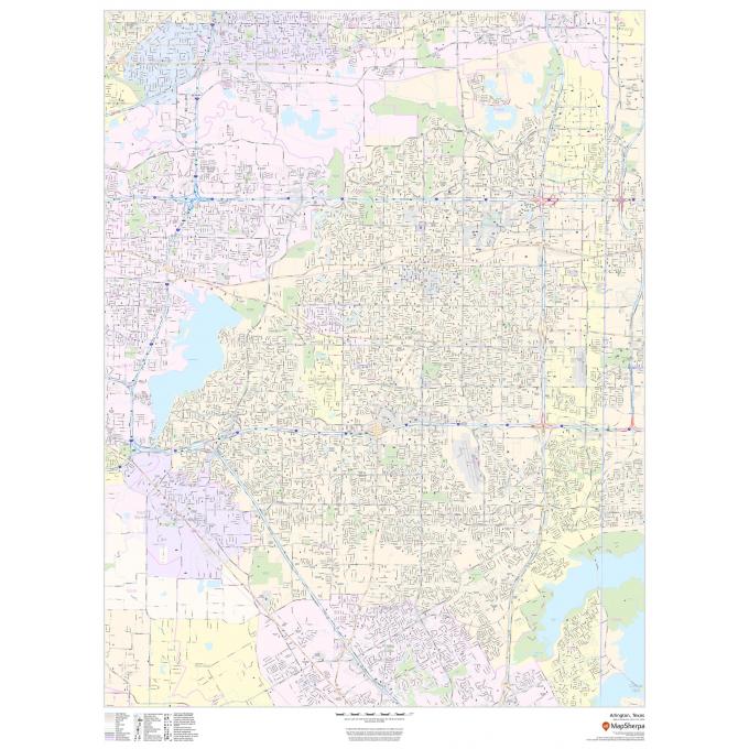 Detailed street map of Arlington, Texas, featuring roads, parks, and lakes for navigation and urban planning purposes.