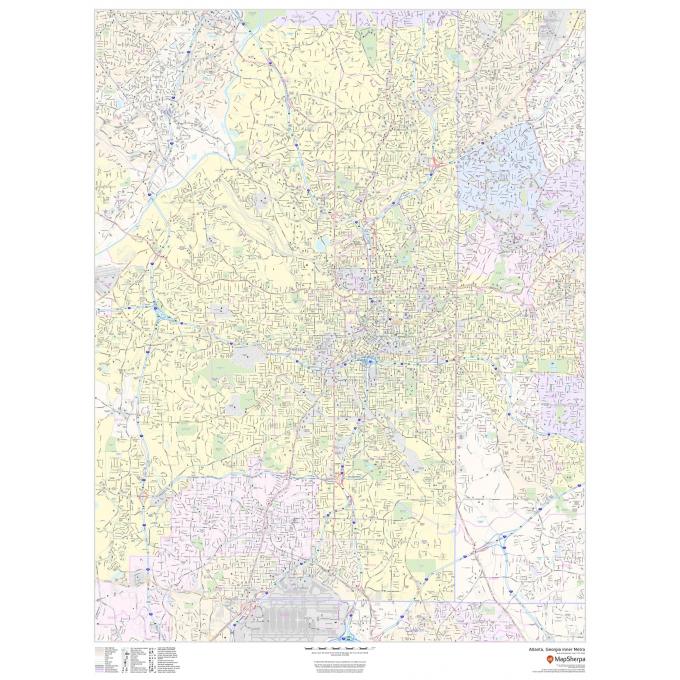 Atlanta Georgia city street map, detailed road network, highways, neighborhoods, parks, and landmarks for navigation and urban planning.