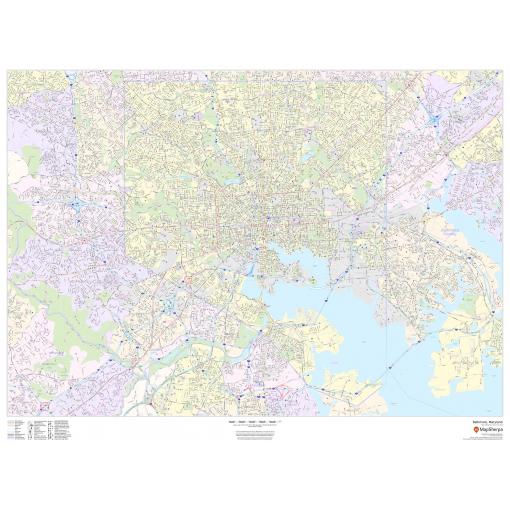 Detailed city map of Baltimore, Maryland with streets, neighborhoods, and waterways, perfect for navigation, travel planning, and geographic reference. High-quality, up-to-date map from The Map Shop.