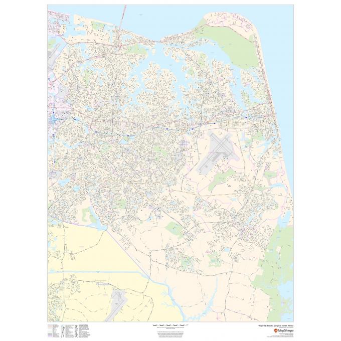 Detailed map of Virginia Beach, Virginia with streets, waterways, parks, and landmarks, ideal for navigation, travel planning, and geographic analysis.