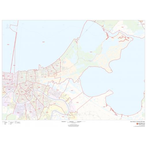 Detailed map of New Orleans, Louisiana with ZIP code boundaries, street layouts, and geographical features, ideal for navigation, urban planning, and geographic analysis. The Map Shop offers accurate and detailed cartography.
