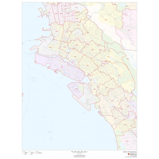 San francisco city map with ZIP code boundaries and street details, detailed street map of Oakland, California, showcasing neighborhoods and postal code zones in the Bay Area for navigation and local planning.