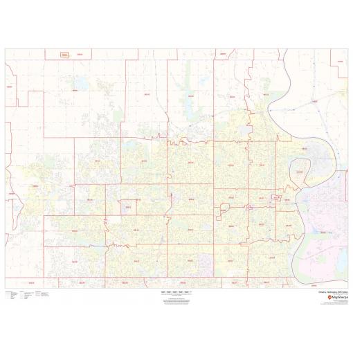 Bordered map of Omaha, Nebraska showing ZIP code boundaries, roads, waterways, and parks, ideal for location-based navigation, travel planning, and geographic analysis from The Map Shop.