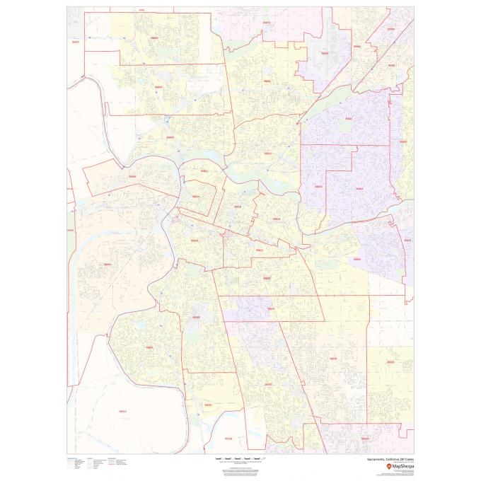 Color-coded detailed map of Sacramento, California ZIP code boundaries and neighborhoods. Featuring streets, waterways, and various district lines for geographic reference and navigation.