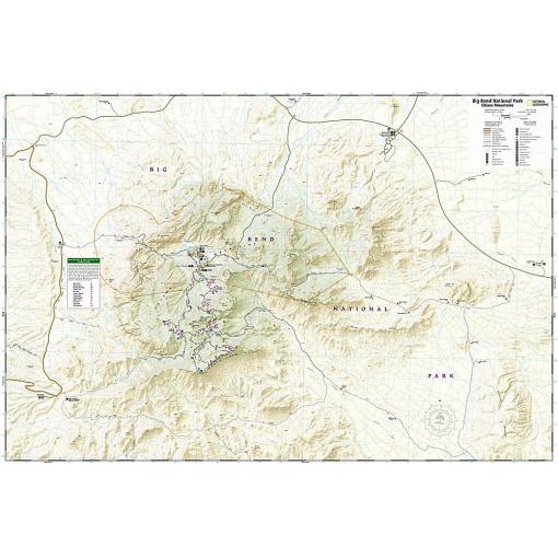 Map of Big Bend National Park, Texas with topographical features, trails, and landmarks for outdoor navigation and adventure planning.
