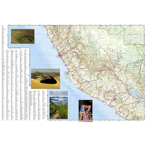 Detailed map of Peru with geographic features and locations, featuring inset images of natural landscapes and cultural sites for travel planning and navigation.