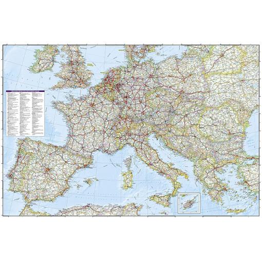 Detailed European road map with highways, cities, and geographic features, ideal for travel planning, navigation, and geographic reference. Includes inset of the Canary Islands and comprehensive map legend.