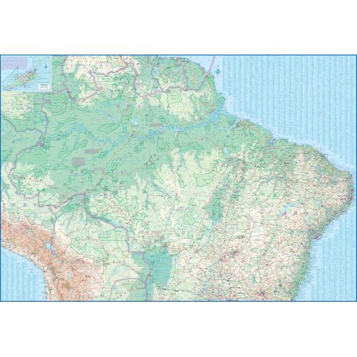 Detailed map of Brazil with roads, rivers, and topography from The Map Shop, perfect for travelers and geography enthusiasts.