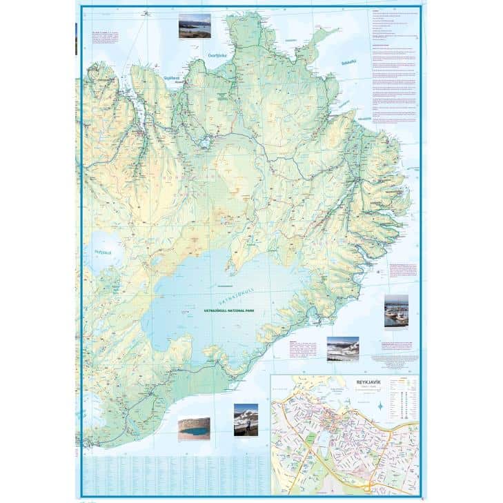 Detailed map of Iceland featuring topographical details, national park locations, major cities, and points of interest, with inset maps of Reykjavik and surrounding areas.