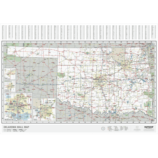 Oklahoma wall map featuring detailed highways, roads, cities, and geographic features, ideal for travelers, businesses, and map enthusiasts. High-quality printed map available at The Map Shop.