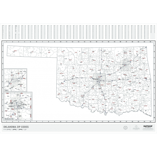 Oklahoma zip codes map featuring detailed postal code boundaries and county divisions, ideal for navigation, mailing, and geographical reference. High-quality cartographic map perfect for collectors and professionals.