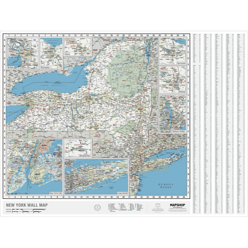 Detailed New York Wall Map with inset maps of Manhattan, Long Island, Binghamton, Syracuse, Albany, Hudson Valley, Binghamton, and New York City, perfect for navigation and geographic reference.
