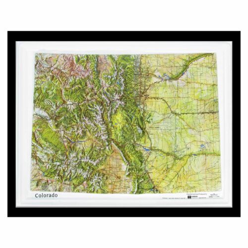 Detailed topographic map of Colorado with mountain ranges, valleys, and highways, suitable for travel planning, outdoor activities, or geographic study. High-quality map print from The Map Shop.