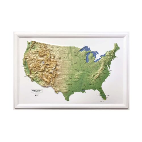 Detailed topographic map of the United States showing terrain elevation, mountain ranges, lakes, and state boundaries, ideal for geography education, travel planning, and map collection.