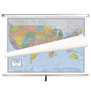 Detailed world map poster suitable for classrooms, offices, and home use, available at The Map Shop. Durable roll-up design with vibrant colors, perfect for geographic education and travel planning.