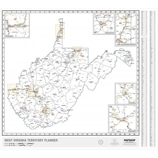 West Virginia territory map with detailed county boundaries, inset maps of key regions, and geographic features for travelers, residents, and mapping enthusiasts.