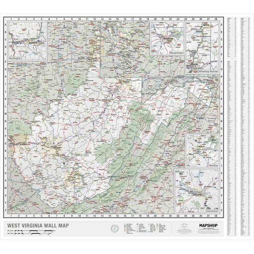 West Virginia wall map showing detailed highways, counties, cities, parks, and topographical features for geographic reference and navigation.