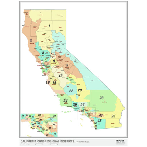California 2024 Congressional Districts Wall Map by MapShop