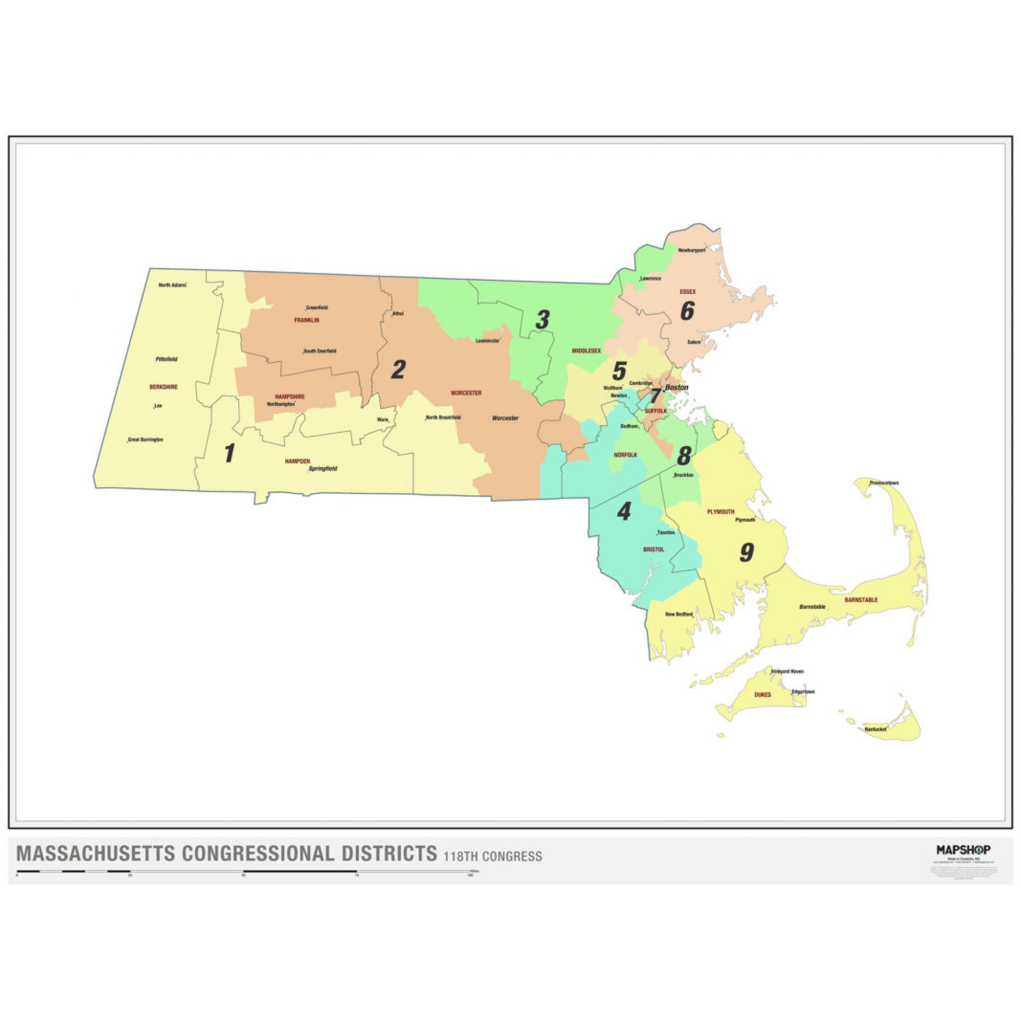 Massachusetts 2022 Congressional Districts Wall Map By Mapshop The Map Shop 