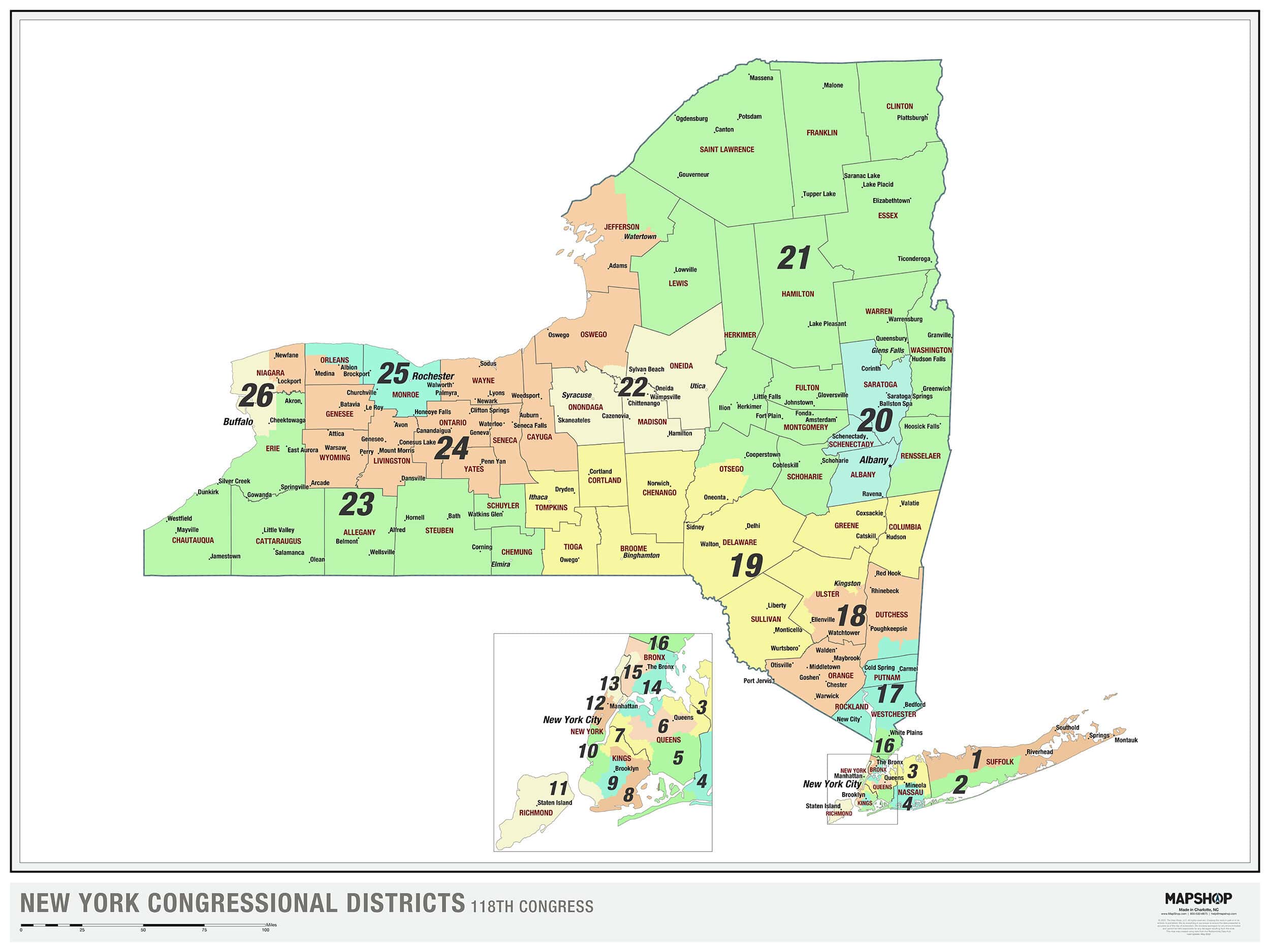 New York 2022 Congressional Districts Wall Map The Map Shop
