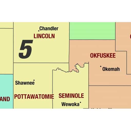 Detailed map of Oklahoma highlighting county boundaries, including Lincoln, Okfuskee, Seminole, Pottawatomie, and surrounding regions, used for geographic reference, navigation, and travel planning.