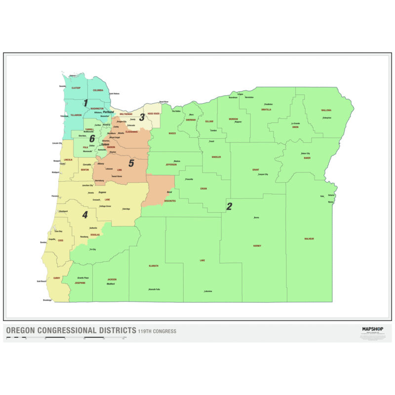 Oregon 2024 Congressional Districts Wall Map by The Map Shop