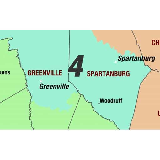 Map of South Carolina highlighting Greenville and Spartanburg counties, popular for travel maps, outdoor adventure, and navigation tools from The Map Shop.