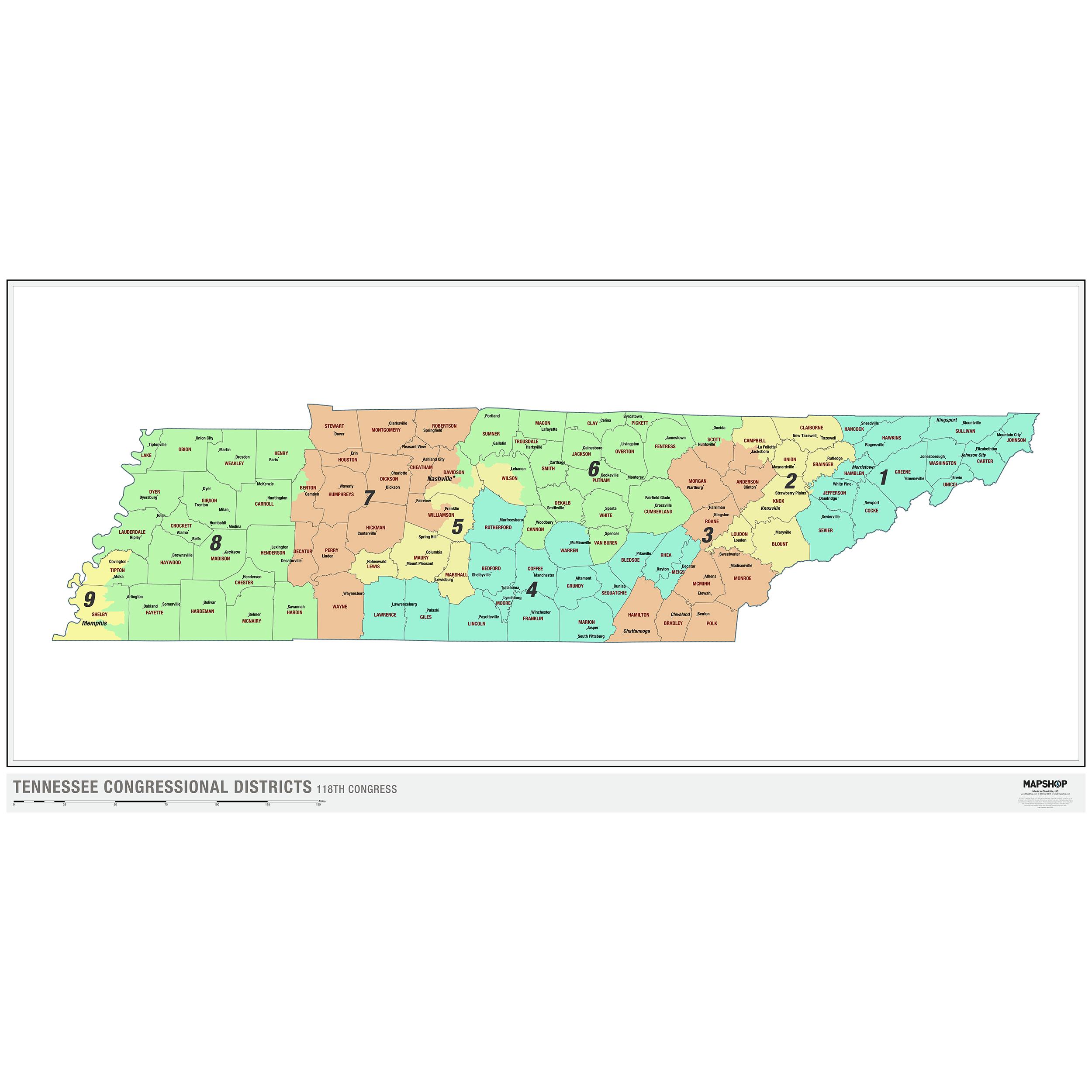 Tennessee 2022 Congressional Districts Wall Map by The Map Shop