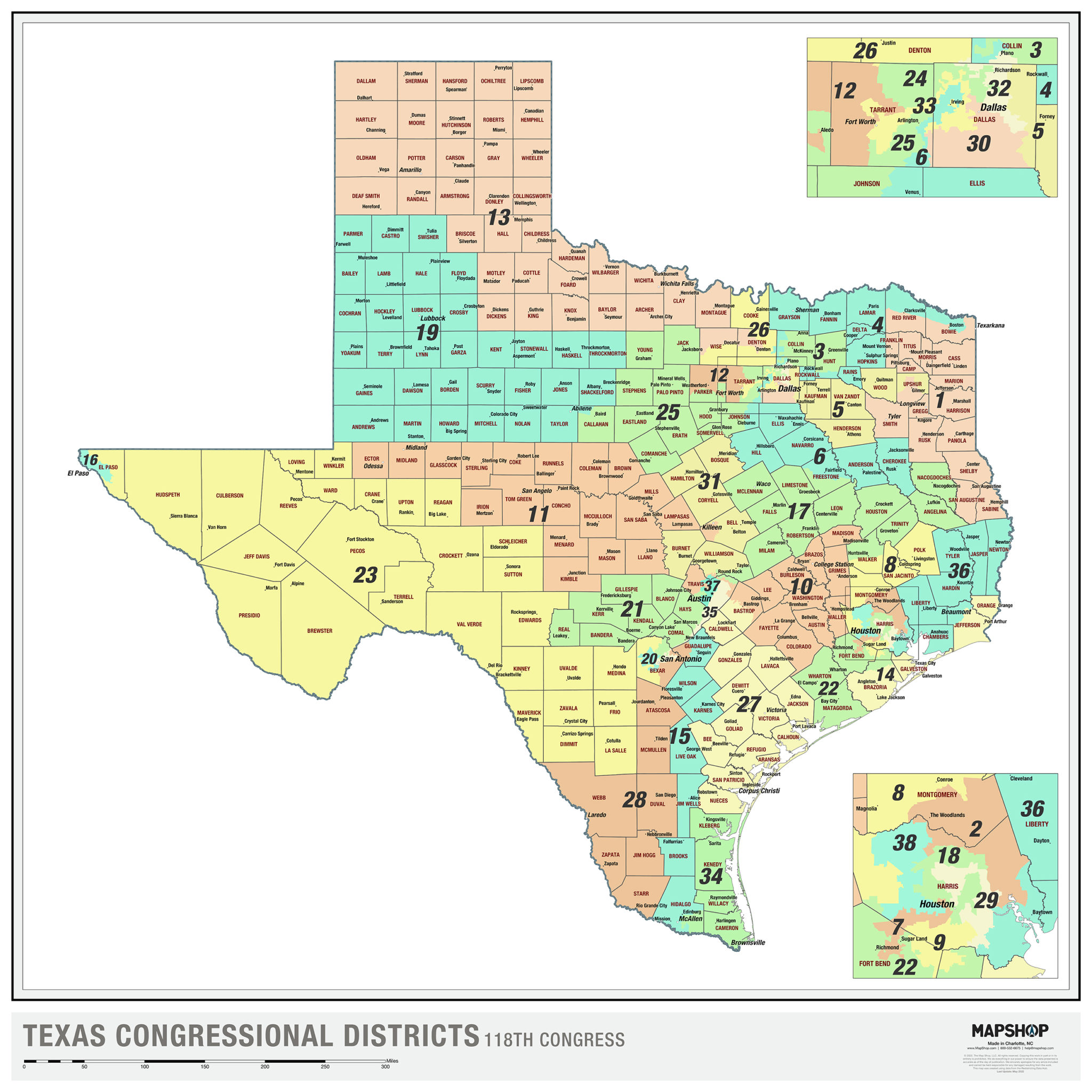 Texas 2022 Congressional Districts Wall Map by The Map Shop